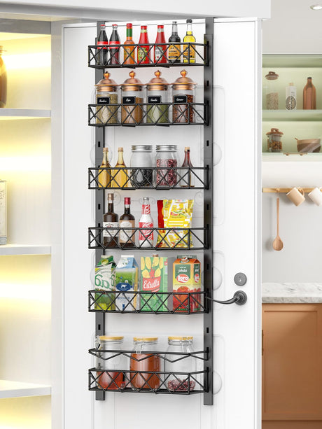 Fulpower Over the Door Pantry Organizer, 6+1 Pantry Door Organizer with Adjustable Basket, Metal Spice Rack Storage for Kitchen Pantry Black (Black 6 Fulpower