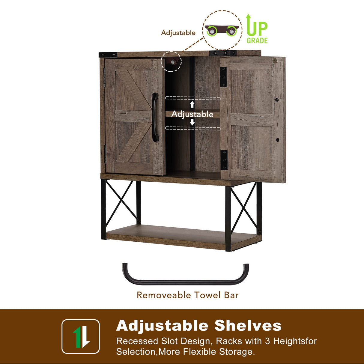 RUSTOWN Farmhouse Rustic Medicine Cabinet with Two Barn Door,Wood Wall Mounted Storage Cabinet with Adjustable Shelf and Towel Bar, 3-Tier Cabinet RUSTOWN