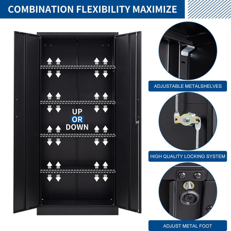 Fesbos Metal Storage Cabinet-71” Tall Steel File Cabinets with Lockable Doors and Adjustable Shelves-Black Steel Storage Cabinet for Home, School, Fesbos