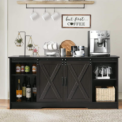 Farmhouse Espresso Coffee Bar Cabinet with Sliding Barn Doors & Ample Storage - WoodArtSupply