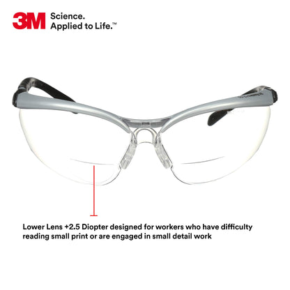 3M Safety Glasses with Readers, BX, +2.5, ANSI Z87, Anti-Fog Anti-Scratch Clear Lens, Silver Frame, Adjustable Length Temples and Lens Angle