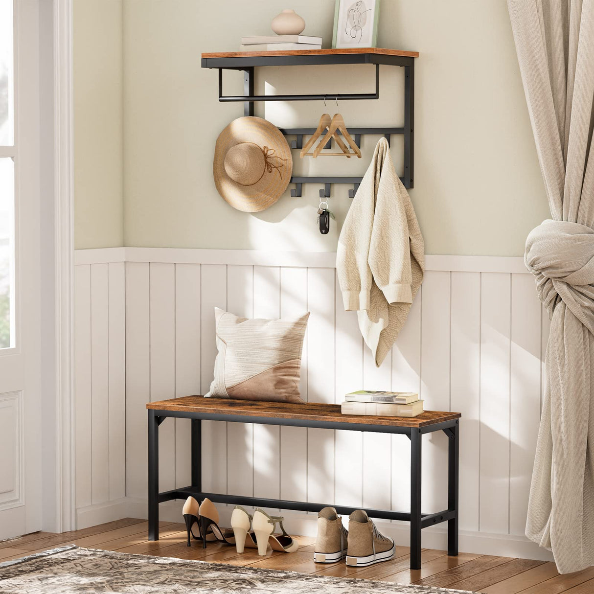 HOOBRO Dining Benches, Pair of 2 Kitchen Benches, Industrial Table Benches, Wooden Indoor Benches, Durable and Stable, for Dining Room, Kitchen, HOOBRO