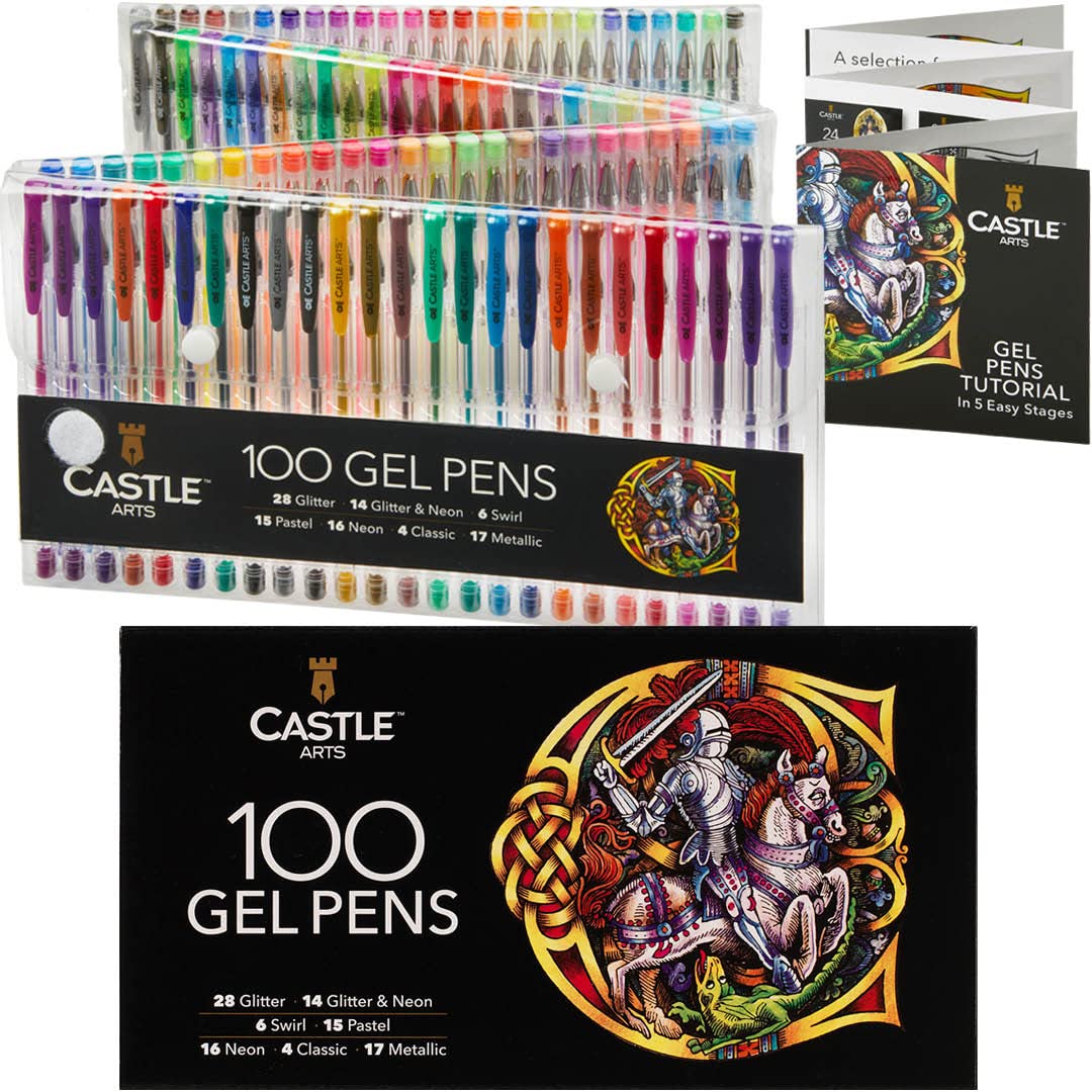 Castle Art Supplies 100 Gel Pens for Adult Coloring Set | Drawing, Scrapbooks, Journals | Amazing Colors, Effects – Swirl, Glitter, Neon, Pastel, - WoodArtSupply