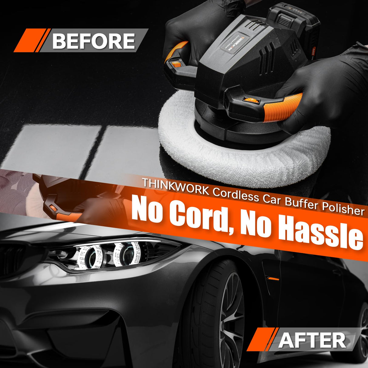 THINKWORK Buffer Polisher, 20V Cordless Buffer Polisher, 10 Inch Portable Polishing Machine Kit for Car, with 2Ah Rechargeable Battery, 6 Variable THINKWORK