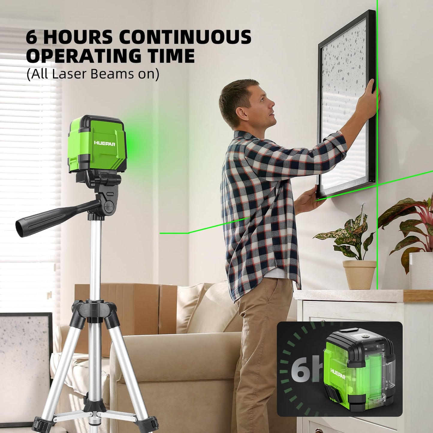 Laser Level Self Leveling with Tripod, Huepar 98Ft Green Cross Line Laser Level Accurate Measurement Tool for Tile, Picture Hanging, Construction - WoodArtSupply