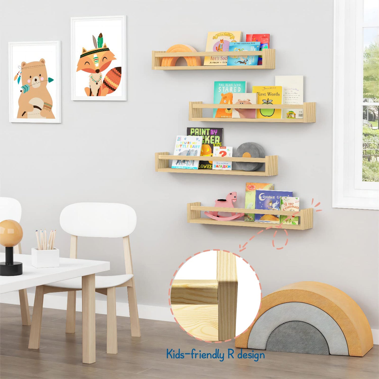 Forbena Floating Natural Wood Nursery Bookshelves - Set of 4, 24 Inch Wall-Mounted Bookcases for Kids' Rooms Forbena