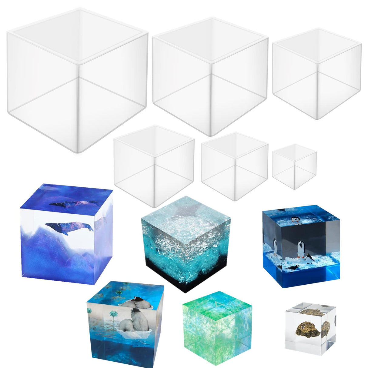 AOEDEO 6 pcs Cube Resin Molds, 3.5", 2.5", 2", 1.5", 1", 0.5" Clear Silicone Cube Molds, Square Candle Silicone Mold, Cube Casting Molds, Transparent AOEDEO