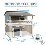 Gowoodhut Feral Cat Shelter Outdoor Weatherproof - Two Story Wooden Cat House Outside Feral Cat House with Balcony Waterproof, Escape Door Gowoodhut