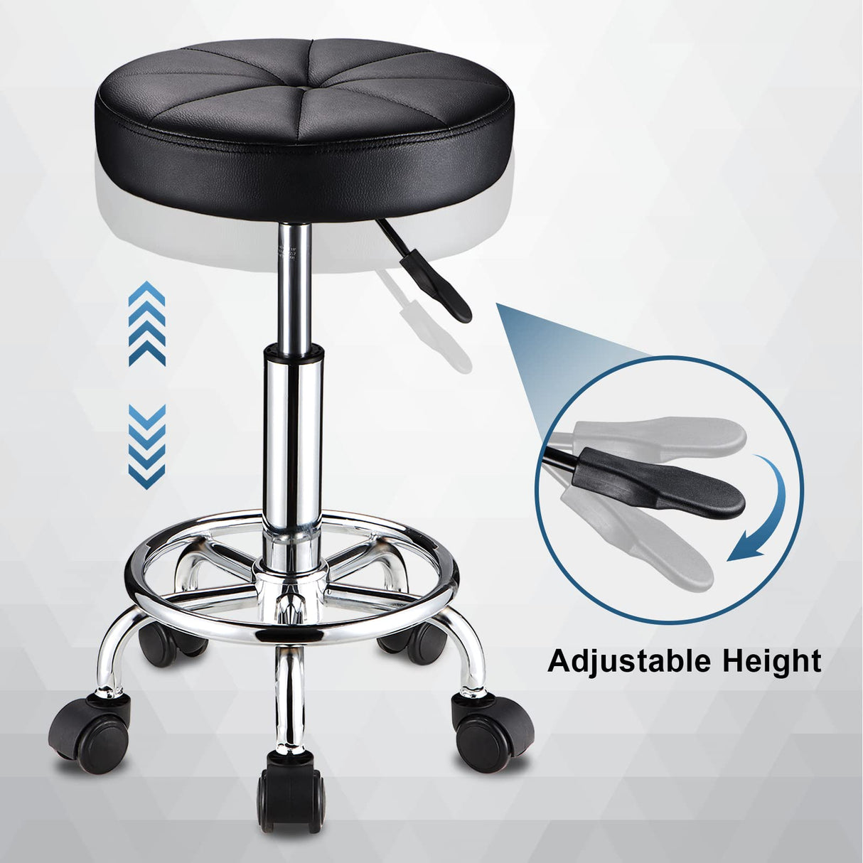 HMTOT Swivel Stool with Wheels Round Rolling Stools PU Leather Height Adjustable Black HMTOT