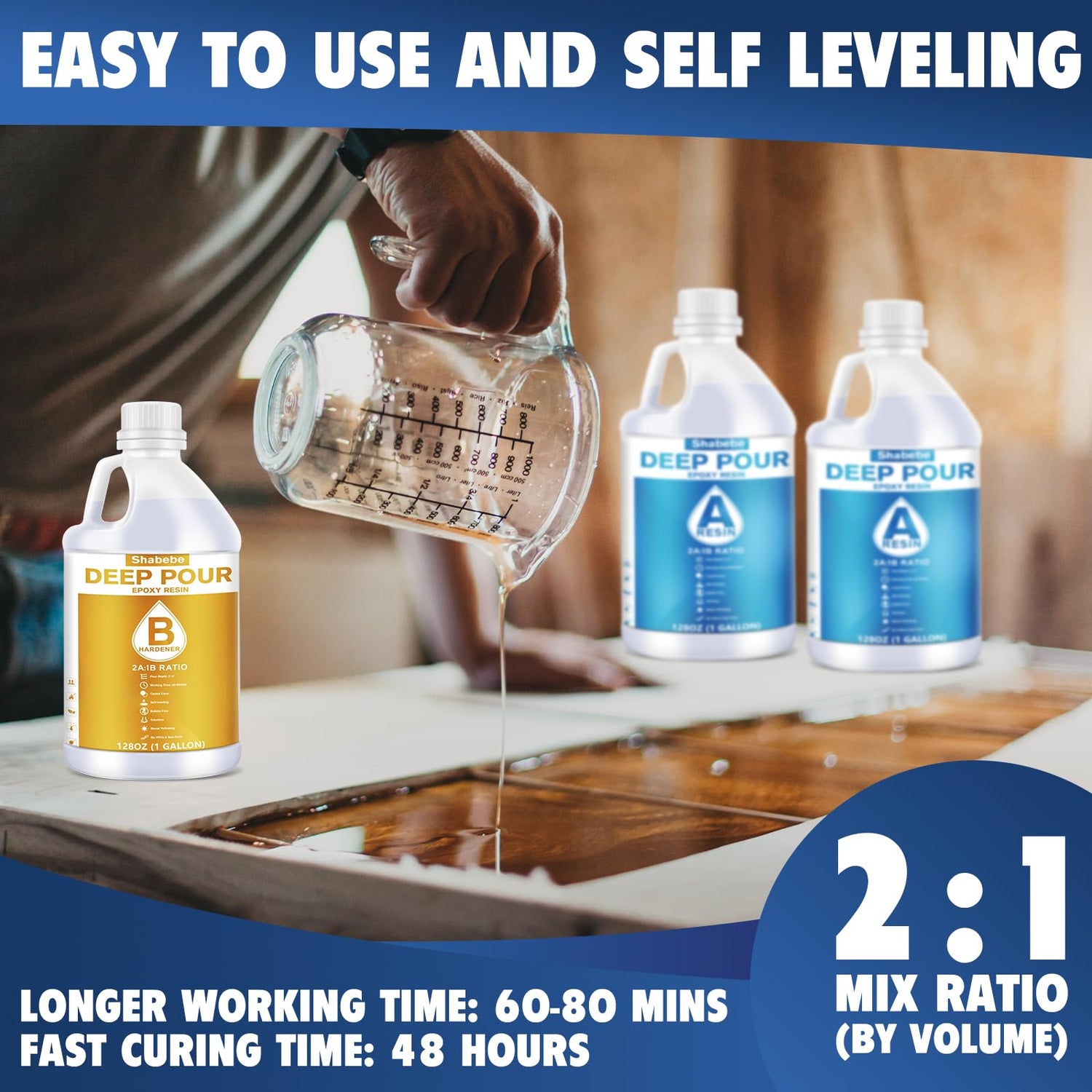 Deep Pour Epoxy Resin 3 Gallon, 2 to 4 Inch Depth Clear Epoxy Resin Kit with Mixer, Bubble Free, Low Odor 2:1 Casting Resin for Table Top, Shabebe