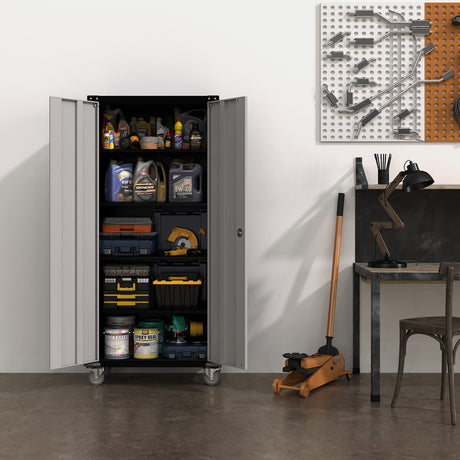 VINGLI 72'' Tall Garage Storage Cabinet, Metal Storage Cabinet with Wheels, Locking Doors and Adjustable Shelves (Black & Silver, 32''W x 16''D x VINGLI