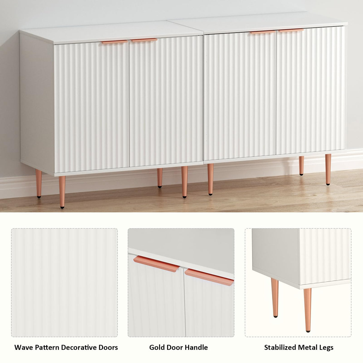 EOYUTLLY White Storage Cabinet,Wood Sideboard Buffet Cabinet with Fluted Textured & Rose Gold Colored Metal Legs, Accent Cabinet for Living EOYUTLLY