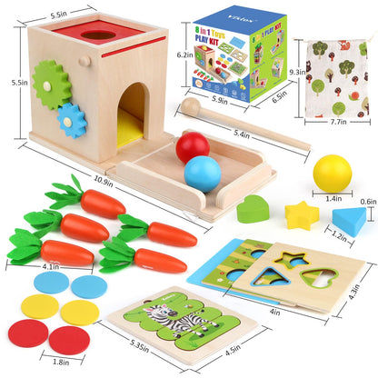 8-in-1 Wooden Montessori Baby Toys, Wooden Play Kit Includes Object Permanent Box, Coin Box, Carrot Harvest, Puzzle, Shape Sorter - Christmas