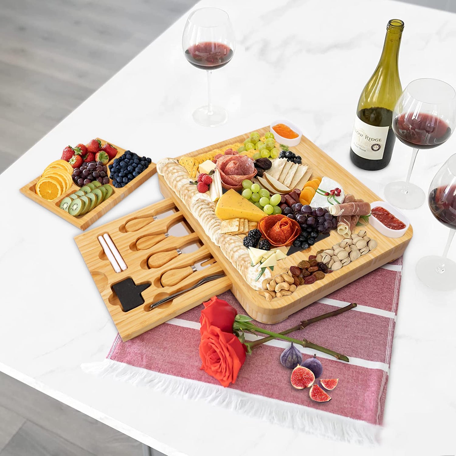 Large Charcuterie Cheese Board and Knife Set, 3 Drawers Kitchen Charcuterie Platter & Large Serving Tray - House Warming, Anniversary Wedding Gifts YZS Housm