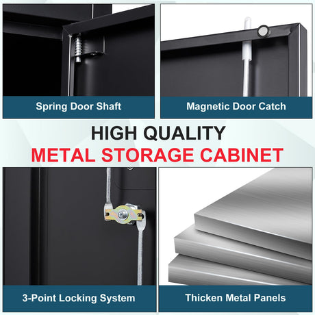MIIIKO Black Garage Storage Cabinet with Doors and 5 Shelves, 72" Tall Steel Cabinet Tool Storage, Lockable Metal Utility Cabinet for Garage, Office, MIIIKO