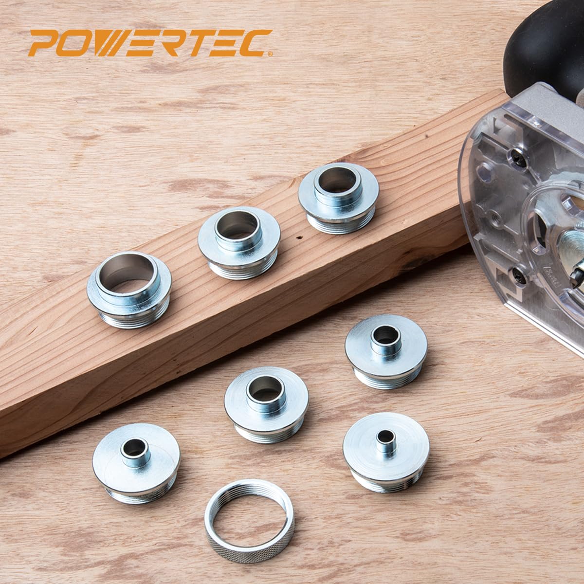 POWERTEC 10Pcs Solid Router Template Bushing Guides Sets 5/16 to 1 Inch with Molded Carrying Case. Fits All Porter Cable Style Router Sub Bases.
