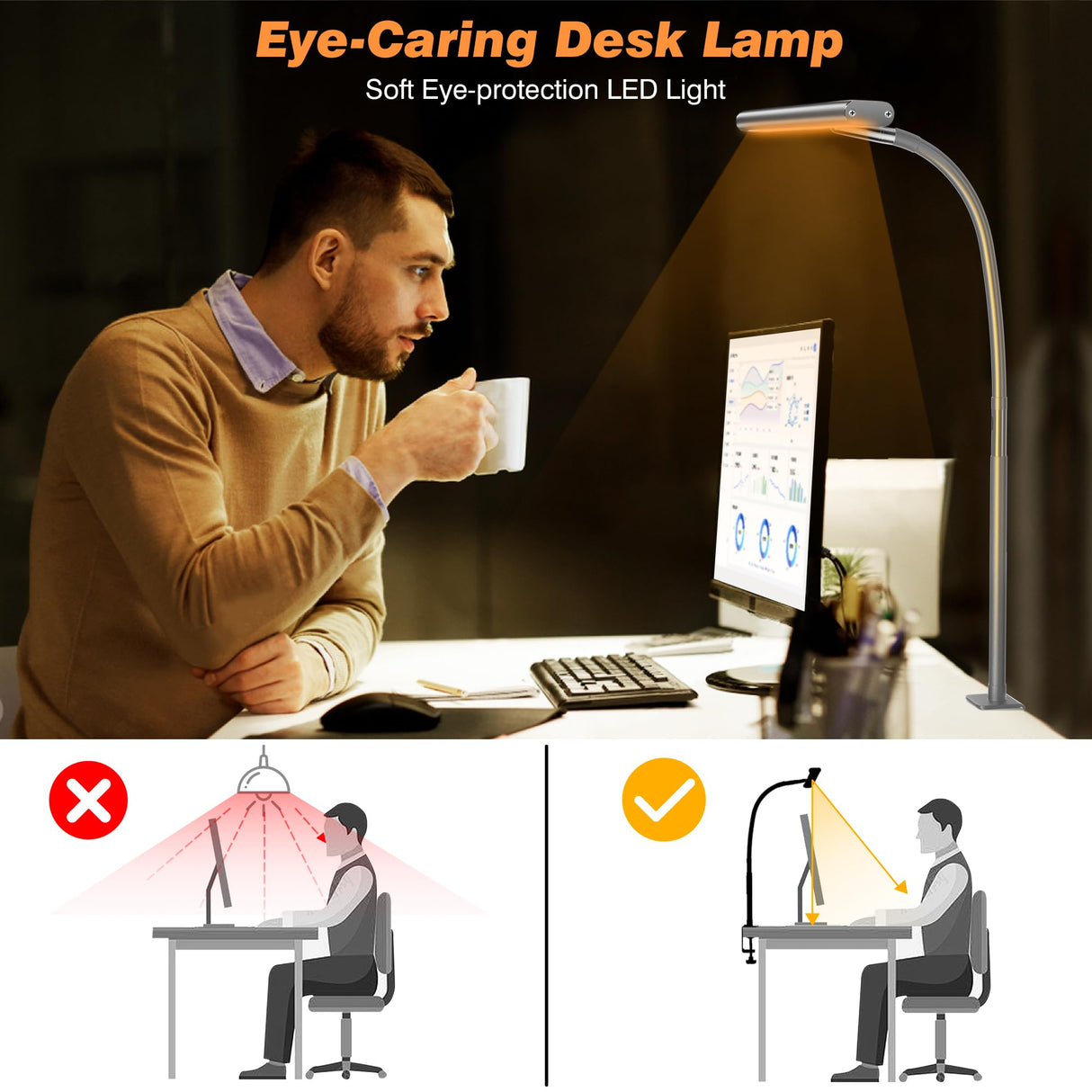 Airlonv LED Desk Lamp for Office Home, Eye-Caring Desk Light with Stepless Dimming Adjustable Flexible Gooseneck, 10W USB Adapter Desk Lamp with Airlonv