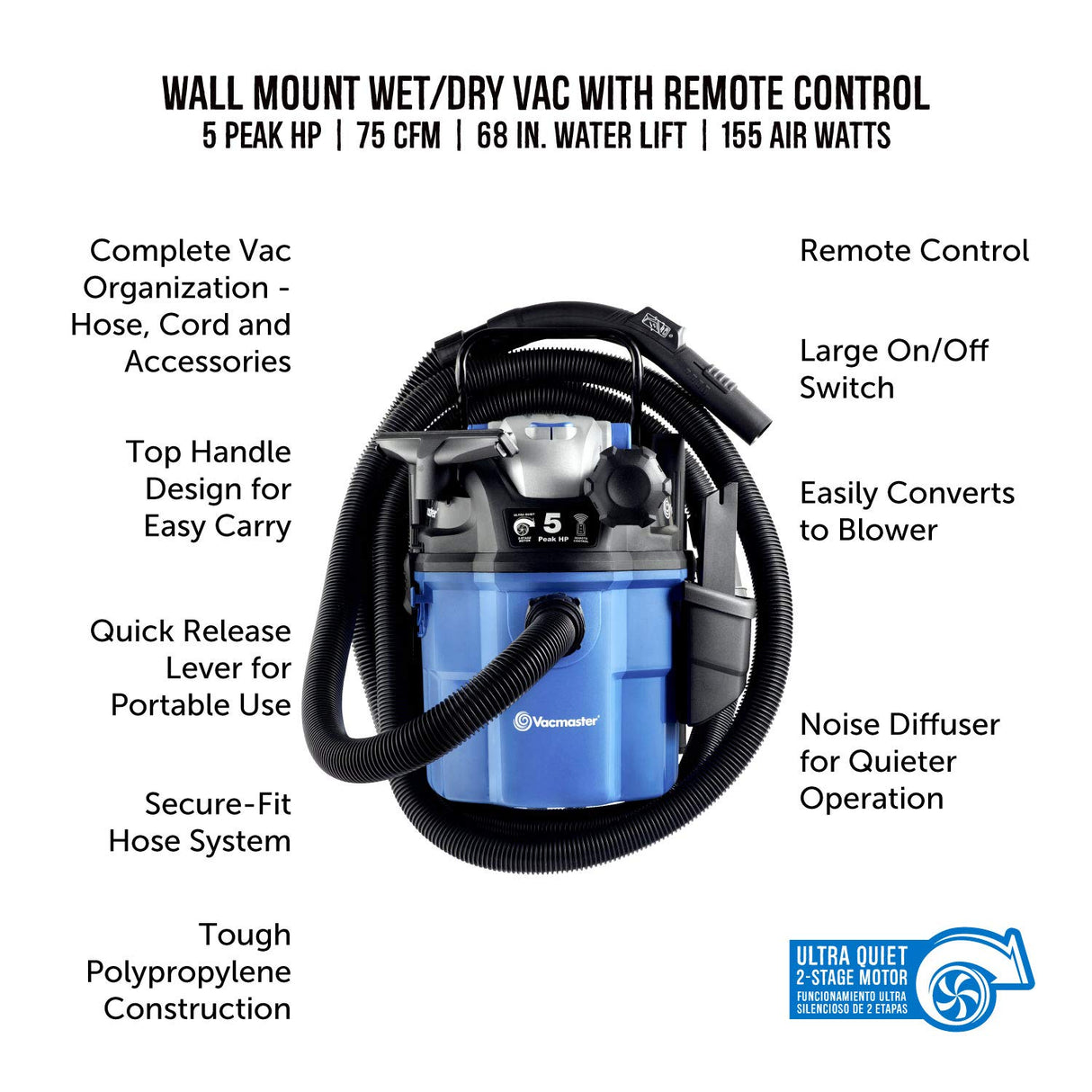 Vacmaster VWM510 5-Gallon 5 Peak HP Remote Control Wall Mount Wet/Dry Shop Vacuum , Blue Vacmaster