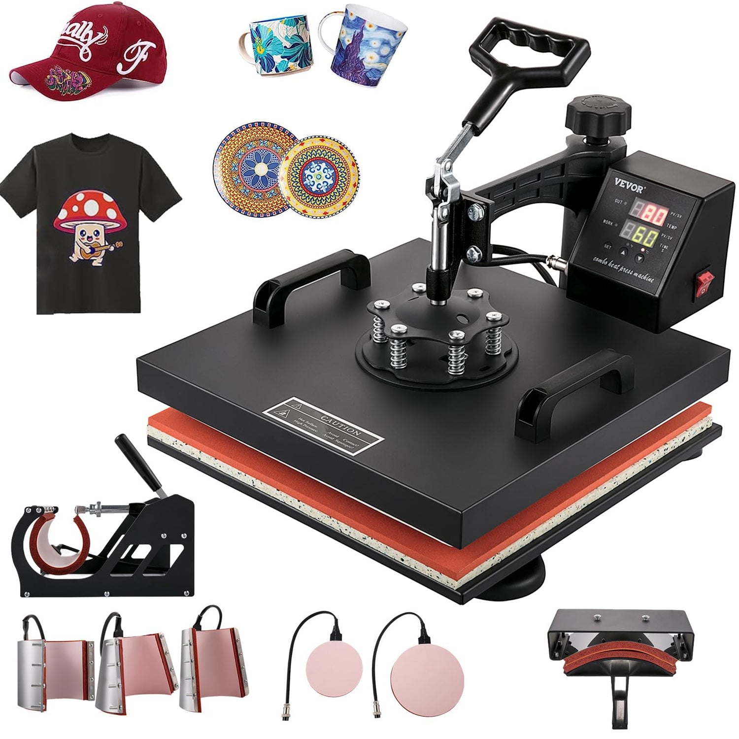 VEVOR 15x15 Heat Press Machine 8 in 1 Combo Tshirt Press Machine with Tumbler Press, 360° Swing Away Digital Multifunction Heat Transfer Sublimation VEVOR
