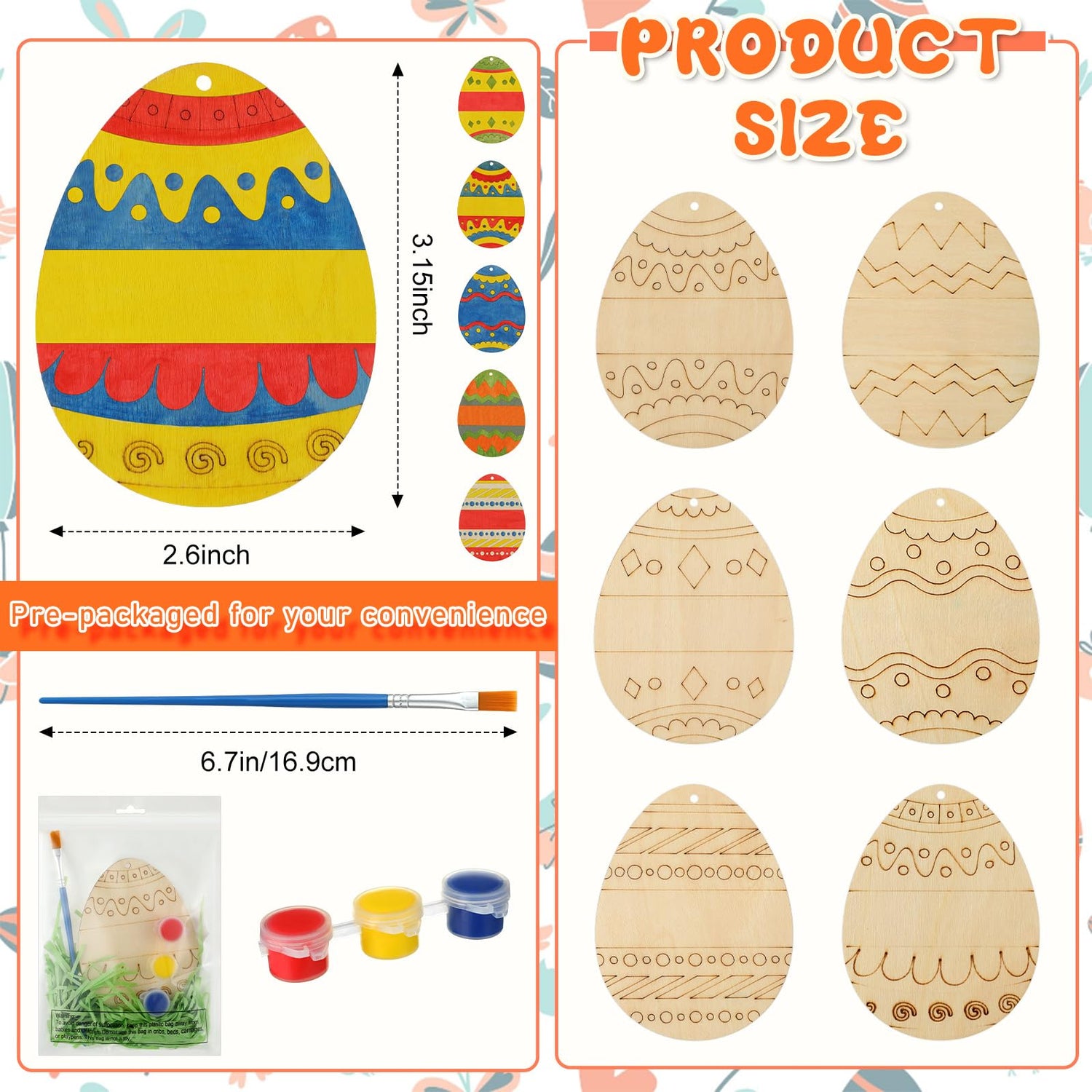 Foilswirl 30 Sets Wooden Easter Ornaments to Paint 5" DIY Unfinished Easter Egg Wood Cutouts with Grass Raffia Paper Shreds and Acrylic Paints with Foilswirl