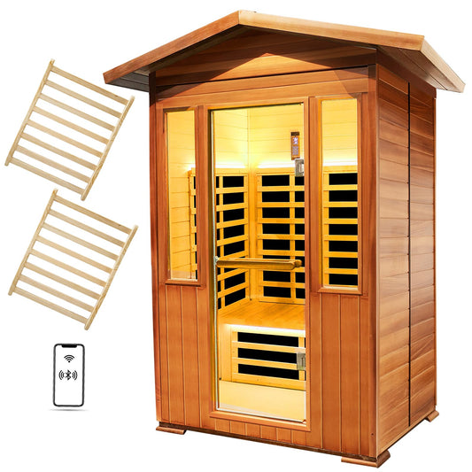 OUTEXER Outdoor Sauna Far Infrared Saunas Dry Sauna Room Red Cedar and Canadian Hemlock Wood Wooden Sauna Spa 1800W with 2 Free Backrest Low-EMF for