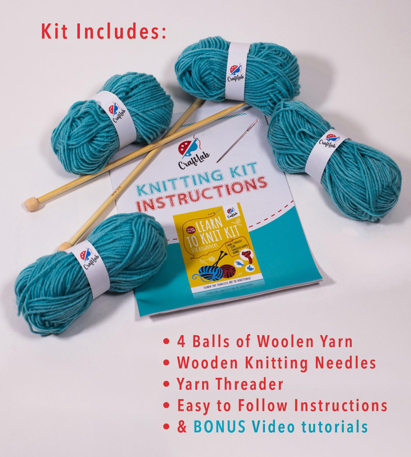 CraftLab Knitting Kit for Beginners, Kids and Adults Includes All Knitting Supplies: Wool Yarn, Knitting Needles, Yarn Needle and Instructions –