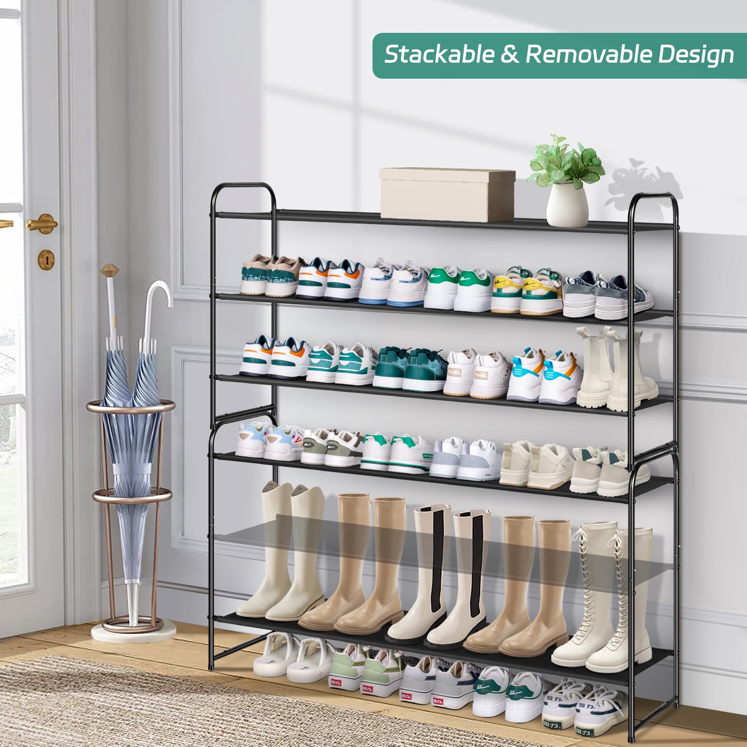 AOODA Long 3 Tier Shoe Rack for Closet Entryway, Stackable Wide Shoe Storage Organizer Holds 24 Pairs Shoe Rack Shelf for Bedroom, Floor, Garage, AOODA