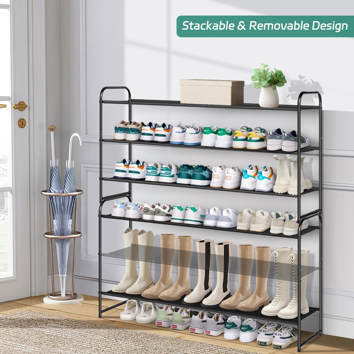 AOODA Long 3 Tier Shoe Rack for Closet Entryway, Stackable Wide Shoe Storage Organizer Holds 24 Pairs Shoe Rack Shelf for Bedroom, Floor, Garage, AOODA