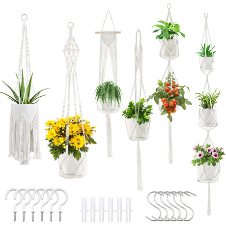 SFENNGPET Macrame Plant Hangers, 6Pack Hanging Planters for Indoor Plants w/ 6 Set Hangers Kit Handmade Macromay Plant Hangers Indoor Flower Pots SFENNGPET