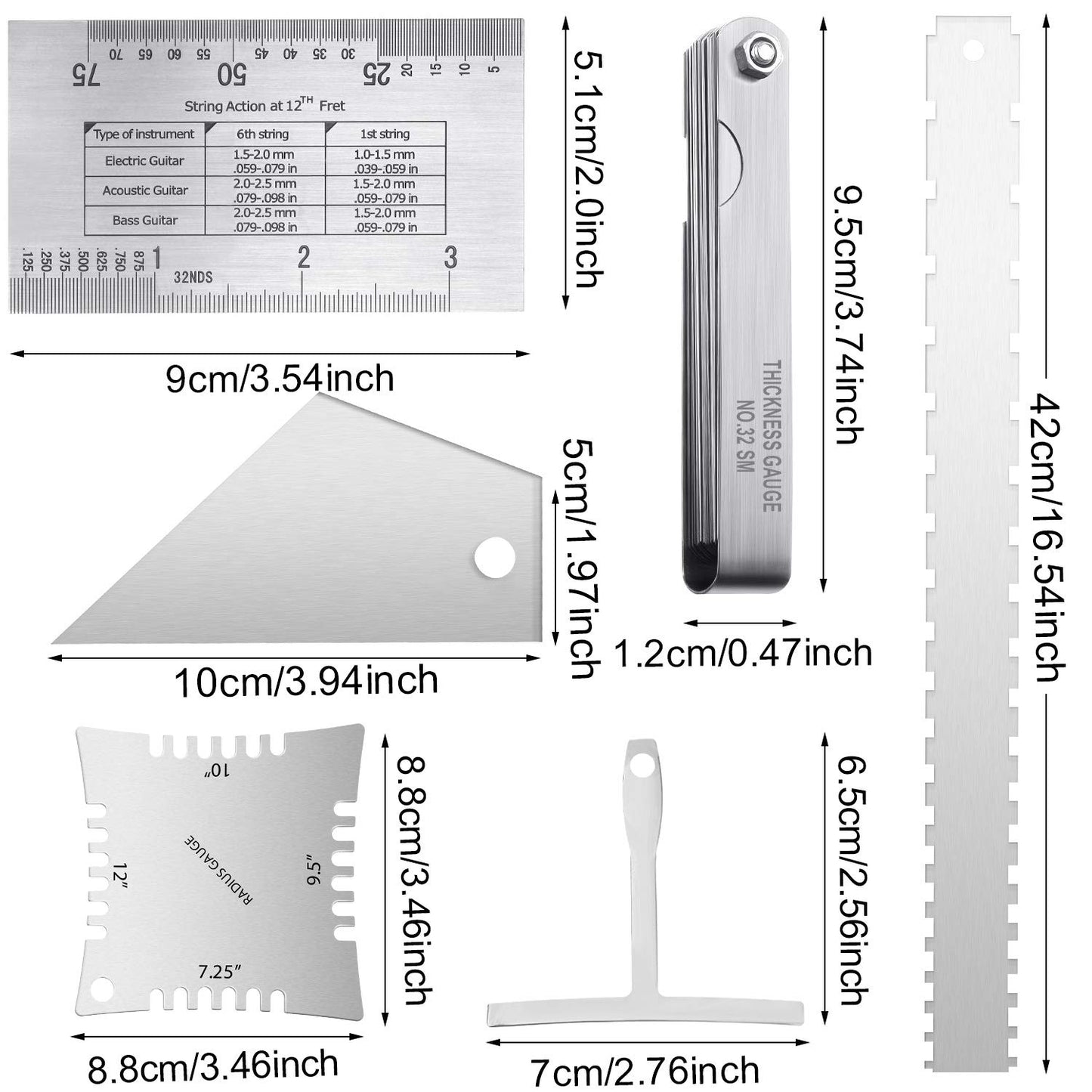 17 Pieces Guitar Luthier Tools Set Guitar Radius Gauge, String Action Ruler Gauge, Feeler Gauge, Guitar Notched Radius Gauges, Guitar Neck Notched - WoodArtSupply