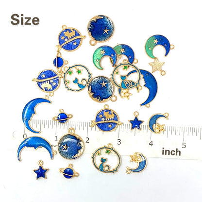 JIALEEY Assorted Gold Plated Enamel Cat Moon Star Celestial Charm Pendant DIY for Earrings Necklace Bracelet Jewelry Making and Crafting