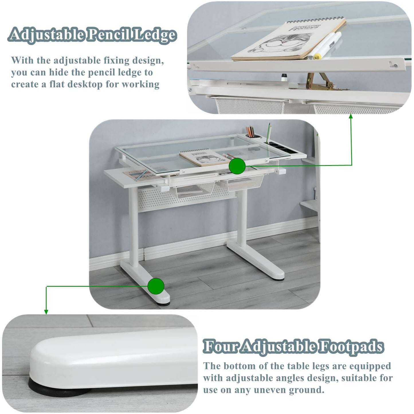 Gagawin Upgraded Height Adjustable Drafting Table Drawing Desk Artist Table with Stool for Home Office, Tilting Glass Tabletop Art Craft Desk w/2