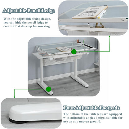 Gagawin Upgraded Height Adjustable Drafting Table Drawing Desk Artist Table with Stool for Home Office, Tilting Glass Tabletop Art Craft Desk w/2