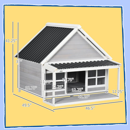 PawHut Wooden Dog House with Porch, Dog House Outdoor with Tilt Roof, Front Door, Windows for Medium Large Sized Dog