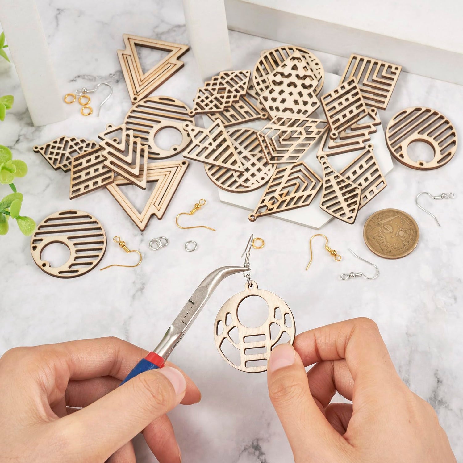 Beadthoven Wooden Earring Making Kit for Adults 12 Styles Hollow Filigree Wood Pendants Geometric Dangle Earrings Unfinished Wooden Charms with BB Beadthoven