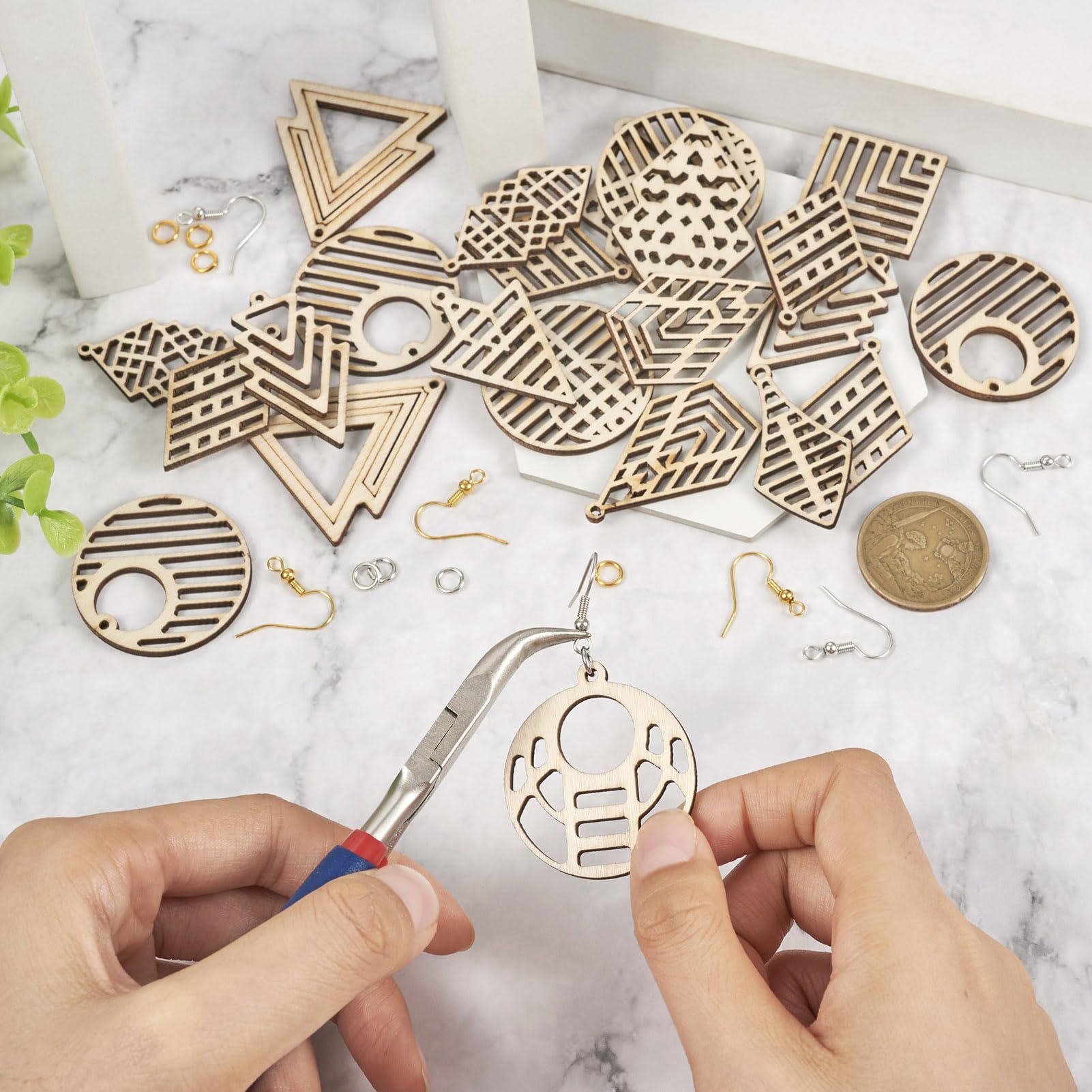 Beadthoven Wooden Earring Making Kit for Adults 12 Styles Hollow Filigree Wood Pendants Geometric Dangle Earrings Unfinished Wooden Charms with - WoodArtSupply