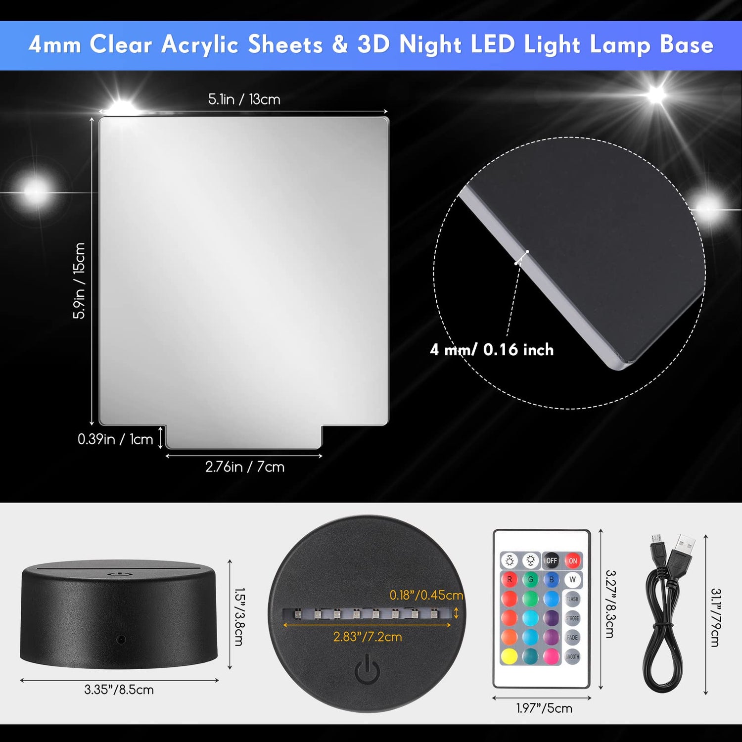 12 Pieces Clear Acrylic Sheets and 12 Pieces 3D Night LED Light Lamp Base with Remote Control and USB Cable, DIY Acrylic Lamp Base Set for Restaurant Riakrum