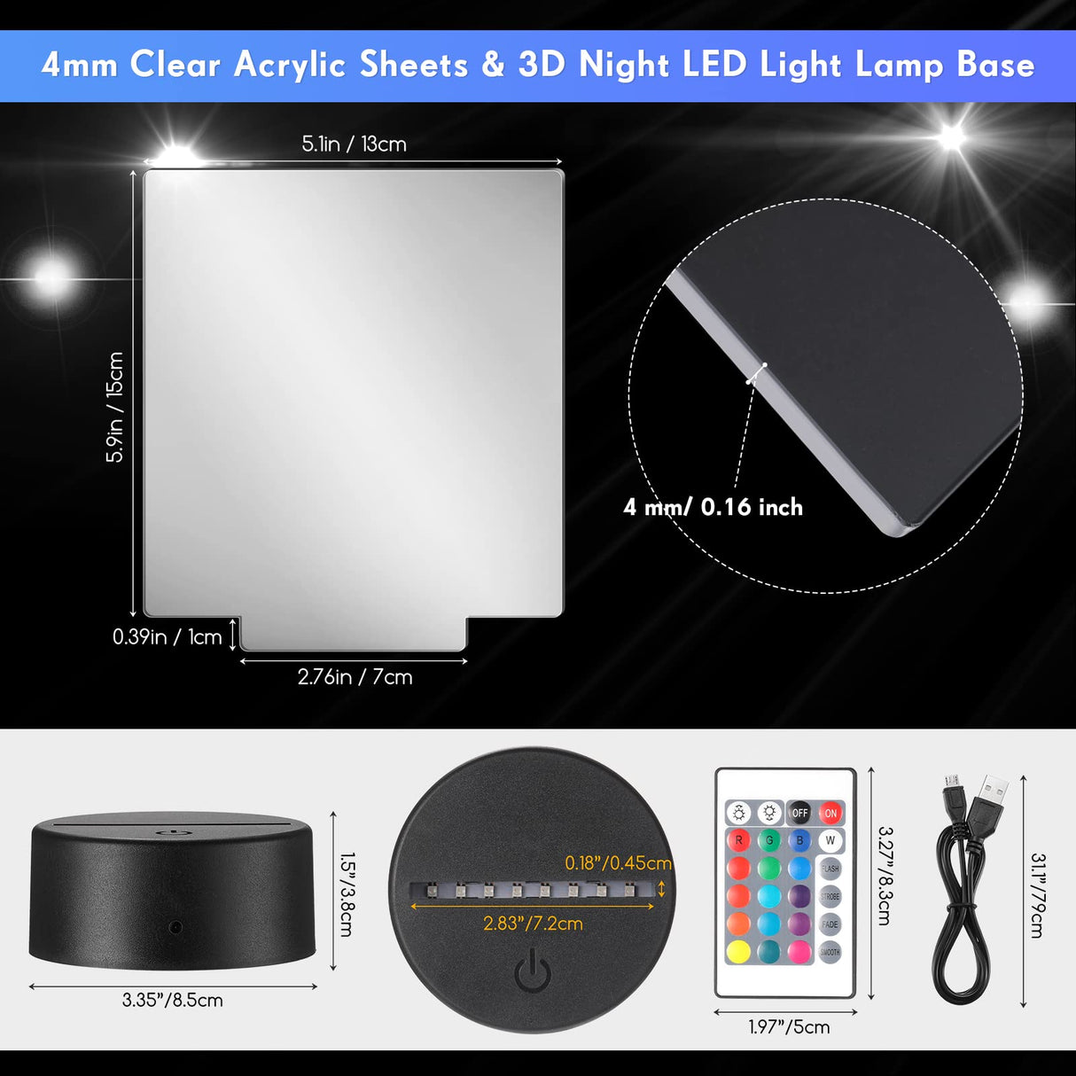 12 Pieces Clear Acrylic Sheets and 12 Pieces 3D Night LED Light Lamp Base with Remote Control and USB Cable, DIY Acrylic Lamp Base Set for Restaurant Riakrum
