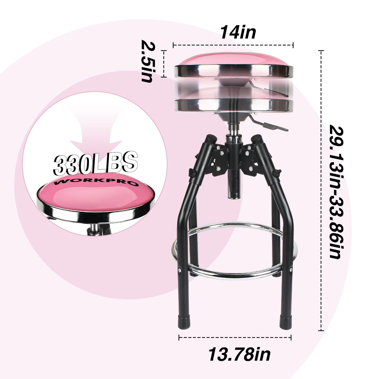 WORKPRO Heavy Duty Adjustable Hydraulic Shop Stool,Garage Bar Stool, 29in to 33. 86in, 330-Pound Capacity, Pink WORKPRO