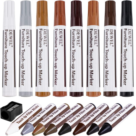 DEWEL Furniture Markers Touch Up, Upgrade Wood Furniture Repair Kit, Premium Wood Scratch Repair Markers and Wax Sticks for Wood Stains Scratches DEWEL