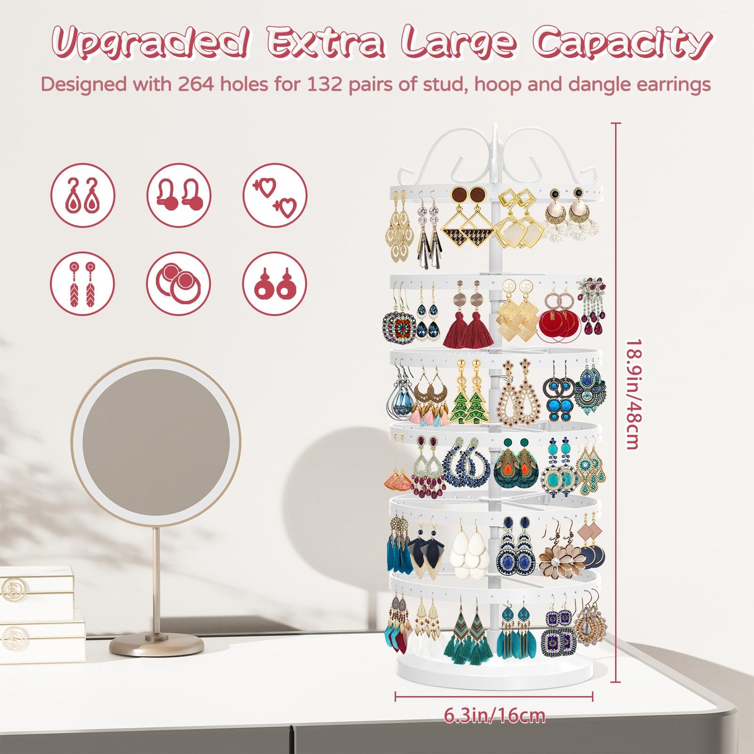 MODOWEY 6 Tier Rotating Earring Holder Organizer, Adjustable Metal Earring Display Stand Storage Rack, 264 Holes Earring Tree Organizer for Women MODOWEY