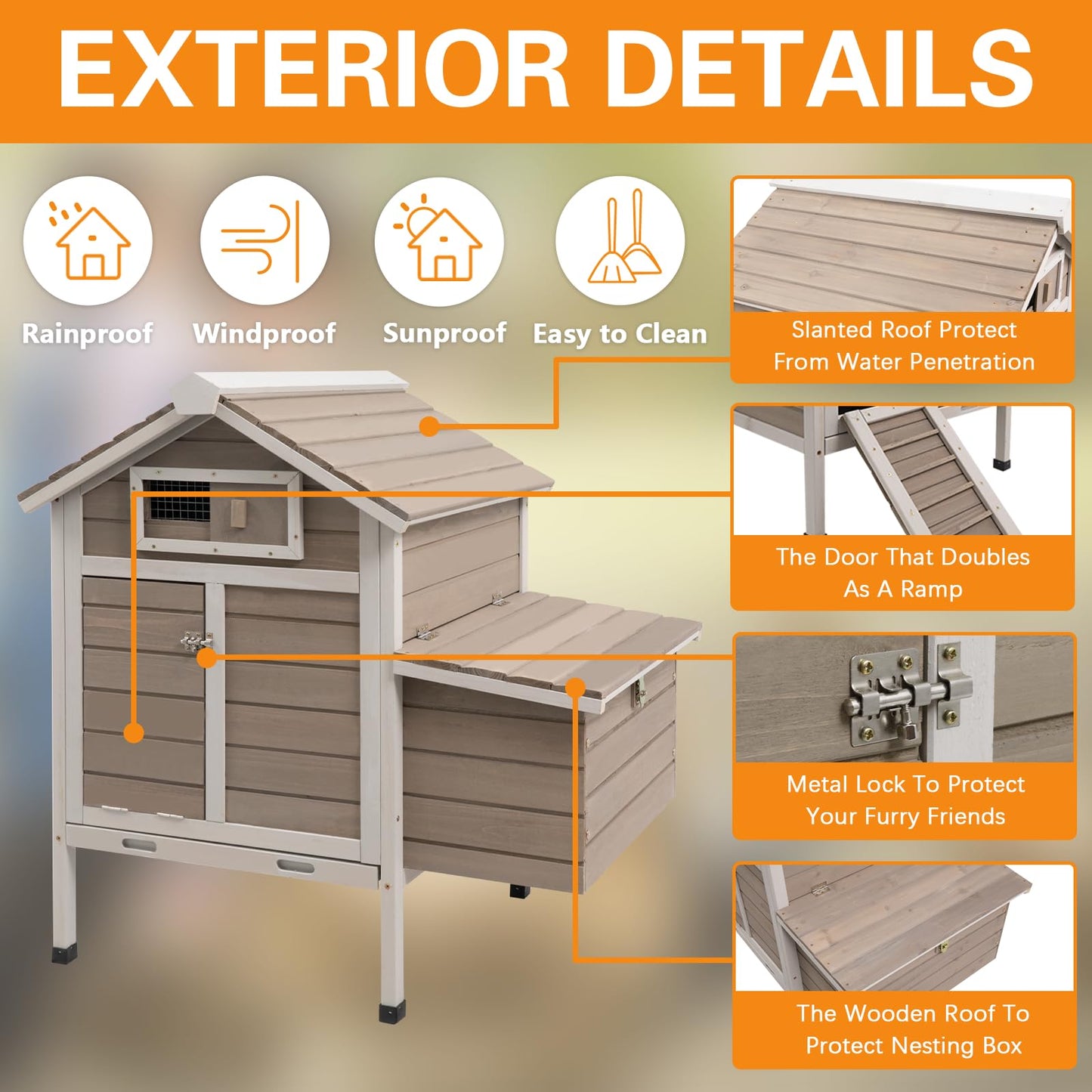 Gowoodhut Chicken Coop Rabbit Hutch with Removable Trays,Raised Floor Hen House with Nesting Box，Wooden Outdoor Poultry Cage Pet House with Ramp Run