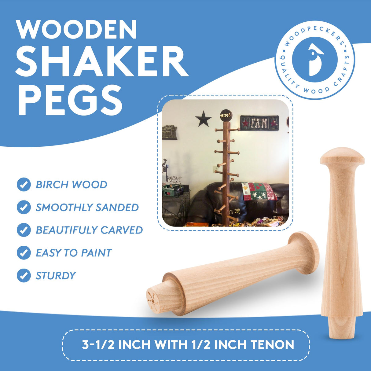 Shaker Pegs 3-1/2 Inch with 1/2 Inch Tenon, Bag of 25 Unfinished Birch Wood Shaker Peg Hooks, Smooth, Strong and Ready to Paint, DIY (3-1/2 Inches x Woodpeckers
