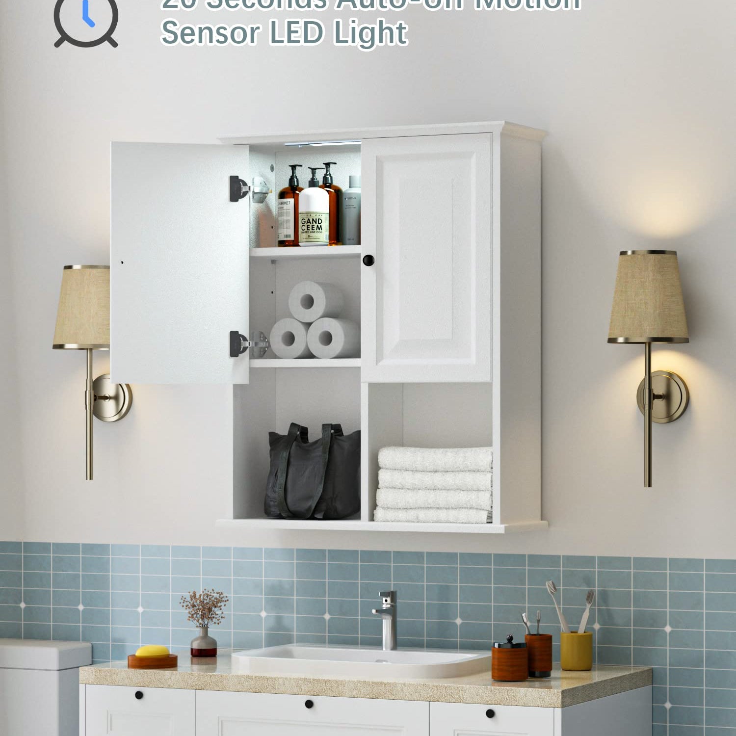 HAIOOU Bathroom Wall Cabinet with Motion Sensor LED Light, Wooden Medicine Cabinet Wall Mounted Cupboard, Over Toilet Storage Cabinet with Buffering HAIOOU