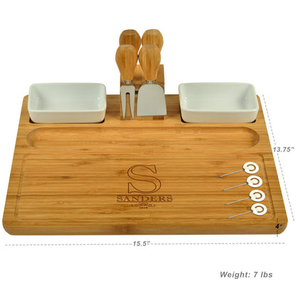 Custom Personalized Engraved Bamboo Cheese/Charcuterie Cutting Board with Ceramic Bowls, Cheese Tools & Cheese Markers-Designed & Quality Checked in - WoodArtSupply