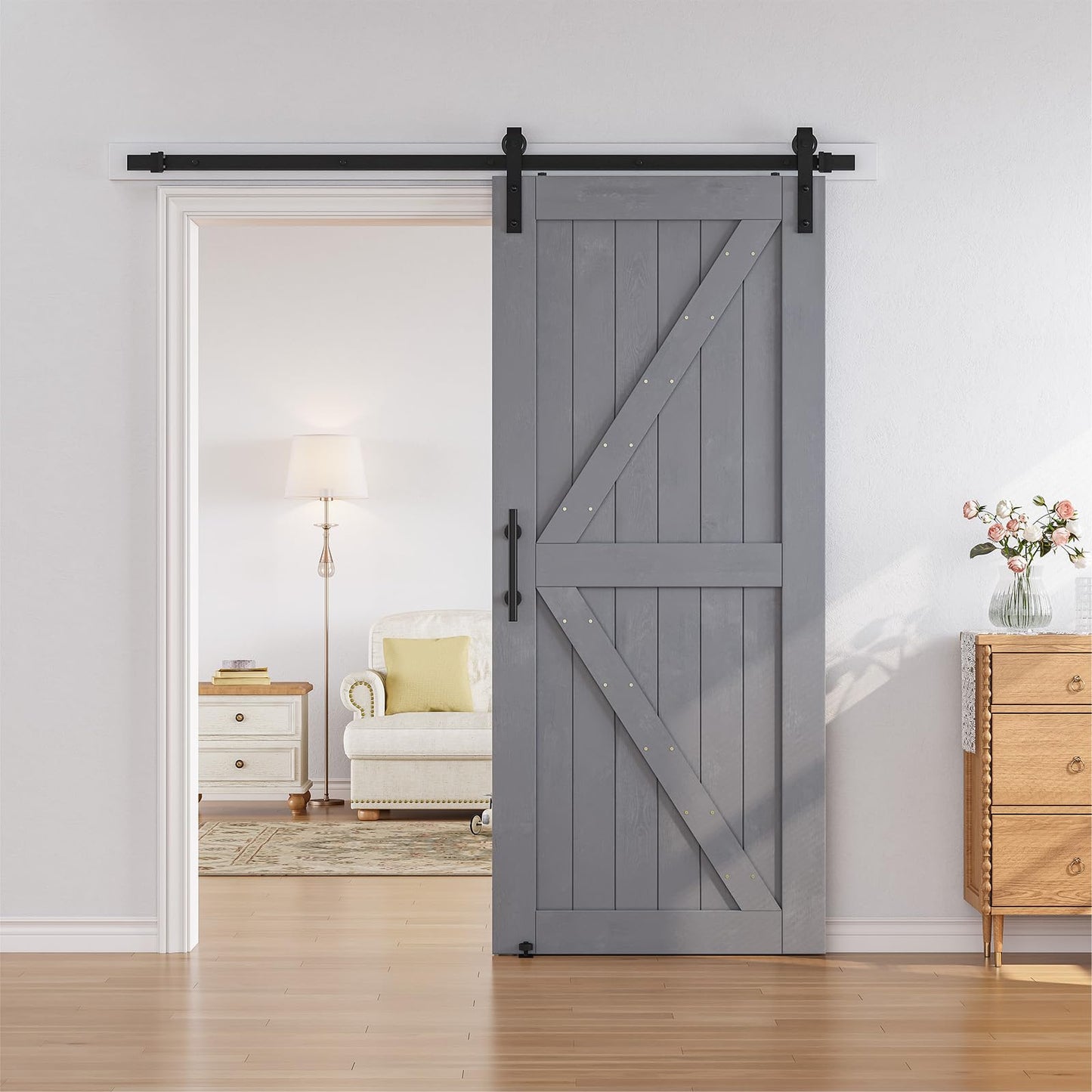 SMARTSTANDARD 36in x 84in Sliding Barn Door with 6.6ft Barn Door Hardware Kit & Handle, Pre-Drilled Ready to Assemble, DIY Unfinished Solid Spruce - WoodArtSupply