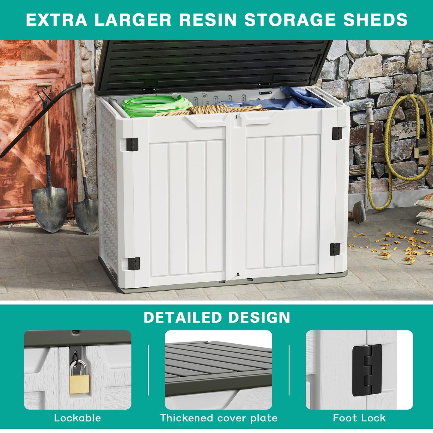 Greesum Outdoor Horizontal Resin Storage Sheds 34 Cu. Ft. Weather Resistant Resin Tool Shed, Extra Large Capacity Weather Resistant Box for Bike,