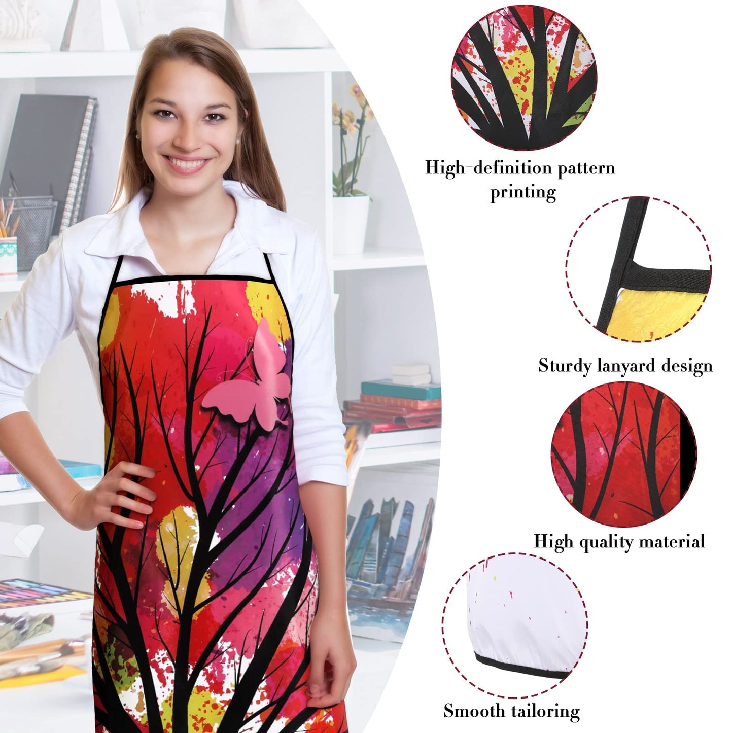 3 Pieces Colorful Artist Painting Apron Paint Splatter Apron Butterfly Tree Art Teacher Gifts Waterproof Painters Apron Adjustable Artist Smock for