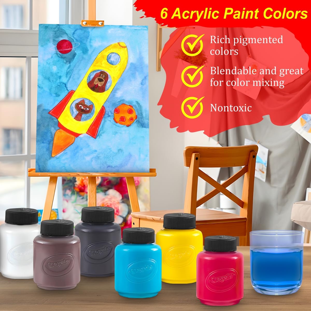 Acrylic Paint Set for Kids - Acrylic Paint Kit Includes 6 Assorted Craft Paint, Painting Canvas, 7 Paintbrushes, Paint Pallet - Arts and Crafts Paint The Mega Deals