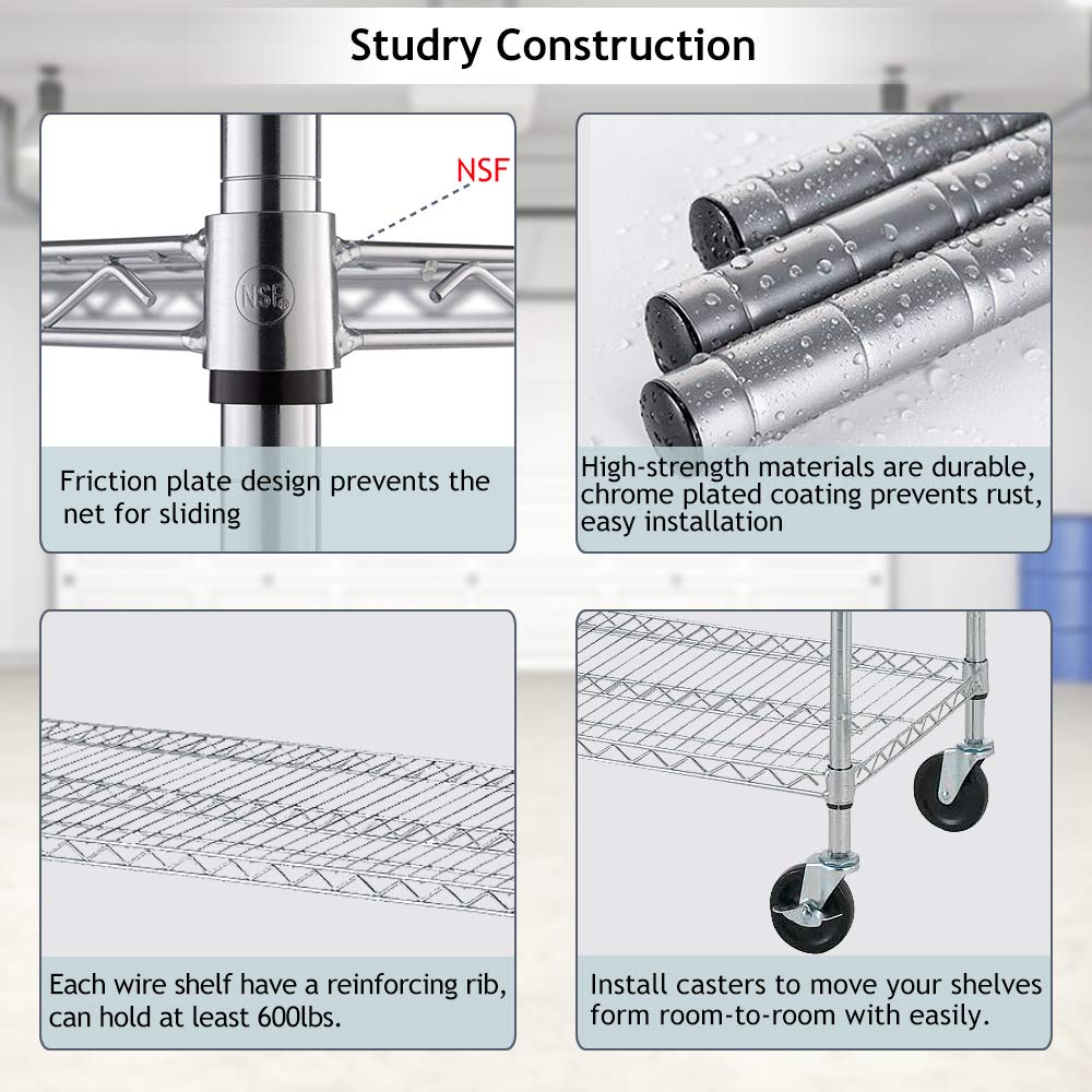6 Tier Storage Shelves Metal Wire Shelving Unit with Wheels, 6000LBS Weight Capacity Heavy Duty NSF Height Adjustable Garage Shelving Utility Steel Dkeli